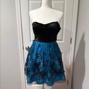Strapless Black and Blue Dress with Floral Design